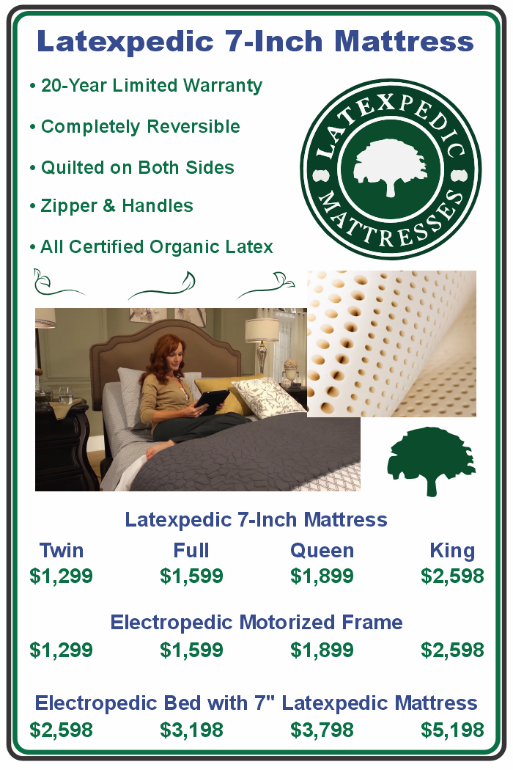 Latexpedic 7 inch natural latex mattress, low profile model ideal for adjustable beds